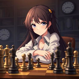 a confident and intelligent anime girl playing chess, sitting at a chessboard with elegantly positioned chess pieces