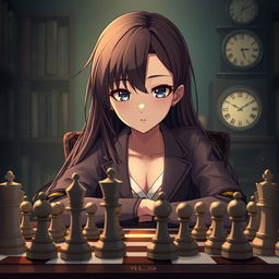 a confident and intelligent anime girl playing chess, sitting at a chessboard with elegantly positioned chess pieces