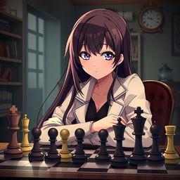 a confident and intelligent anime girl playing chess, sitting at a chessboard with elegantly positioned chess pieces