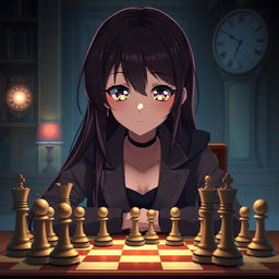 a confident and intelligent anime girl playing chess, sitting at a chessboard with elegantly positioned chess pieces