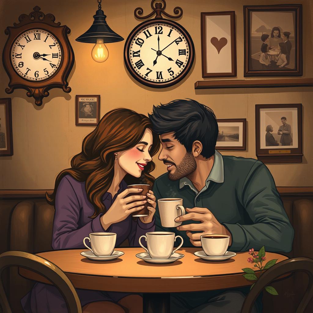 A romantic scene depicting a couple enjoying coffee together in a cozy, vintage café