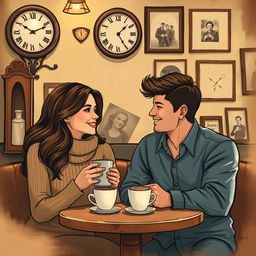 A romantic scene depicting a couple enjoying coffee together in a cozy, vintage café