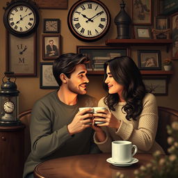 A romantic scene depicting a couple enjoying coffee together in a cozy, vintage café