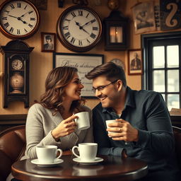 A romantic scene depicting a couple enjoying coffee together in a cozy, vintage café