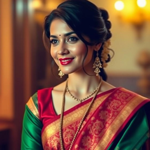 A woman wearing a traditional sari with elegant draping, highlighting cultural attire