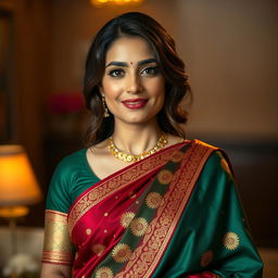 A woman wearing a traditional sari with elegant draping, highlighting cultural attire