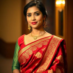 A woman wearing a traditional sari with elegant draping, highlighting cultural attire