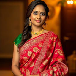 A woman wearing a traditional sari with elegant draping, highlighting cultural attire