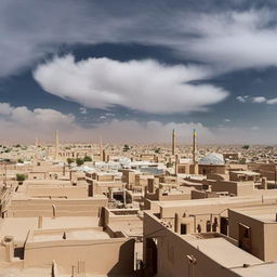 The ancient city of Yazd in the year 1200 Hijri solar, under a majestic sky adorned with white clouds, showcasing windcatchers and sand-colored architecture