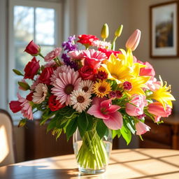 A vibrant bouquet of assorted flowers, featuring roses, daisies, lilies, and tulips, artistically arranged in a classic glass vase