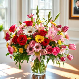 A vibrant bouquet of assorted flowers, featuring roses, daisies, lilies, and tulips, artistically arranged in a classic glass vase