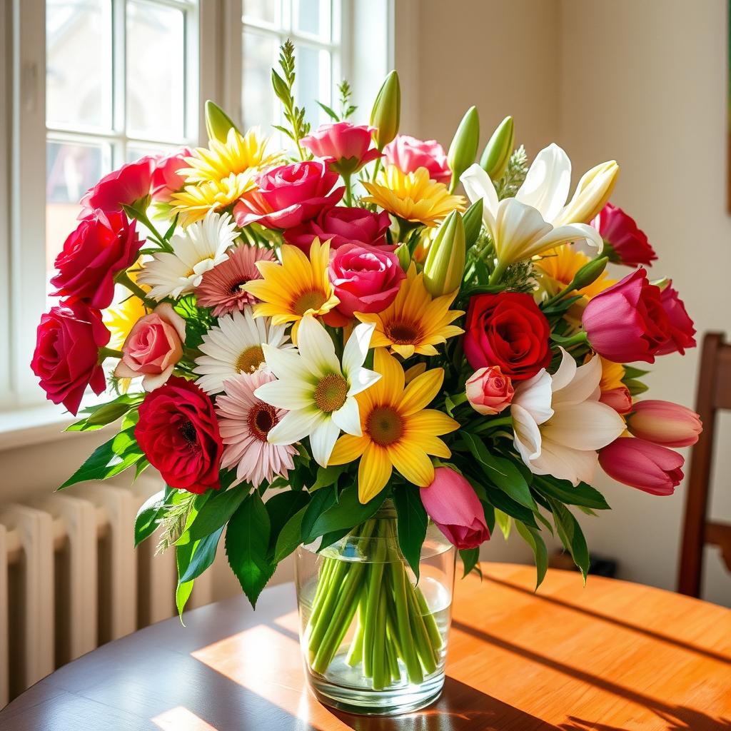 A vibrant bouquet of assorted flowers, featuring roses, daisies, lilies, and tulips, artistically arranged in a classic glass vase