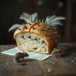 A surreal and edgy scene depicting an unusual loaf of bread on a rustic wooden table