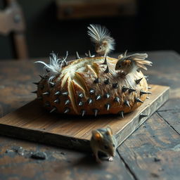 A surreal and edgy scene depicting an unusual loaf of bread on a rustic wooden table