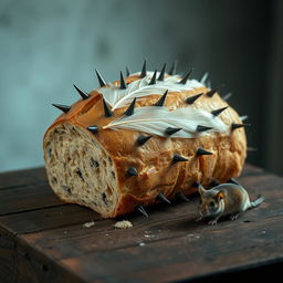 A surreal and edgy scene depicting an unusual loaf of bread on a rustic wooden table