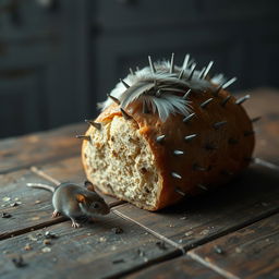 A surreal and edgy scene depicting an unusual loaf of bread on a rustic wooden table