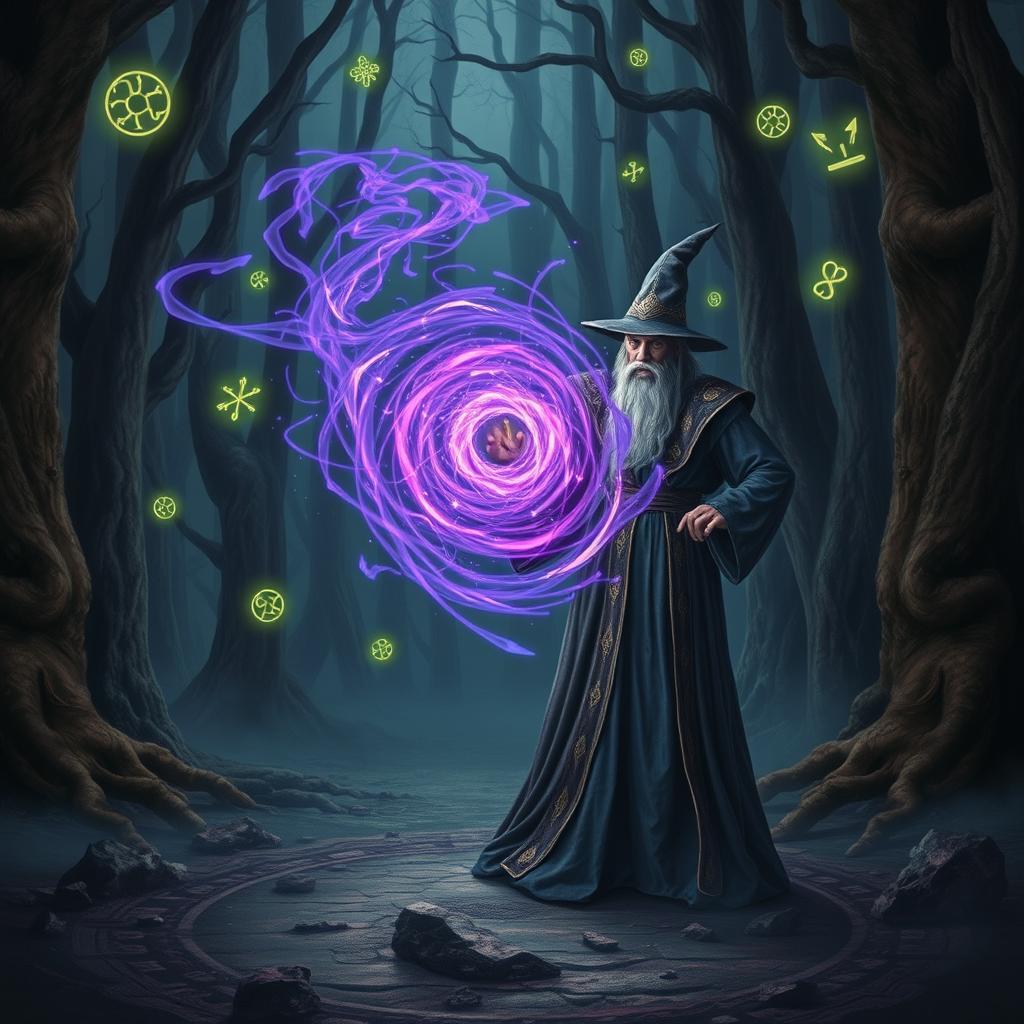 A mysterious and ancient wizard casts a powerful spell in a dark, enchanted forest