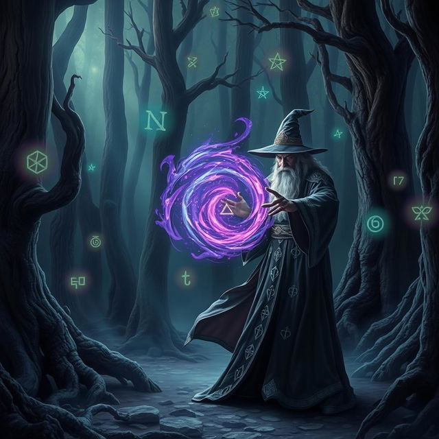 A mysterious and ancient wizard casts a powerful spell in a dark, enchanted forest