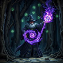 A mysterious and ancient wizard casts a powerful spell in a dark, enchanted forest