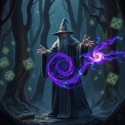 A mysterious and ancient wizard casts a powerful spell in a dark, enchanted forest