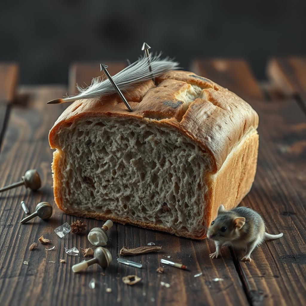 A thought-provoking and disturbing depiction of a loaf of bread on a textured wooden table, presenting various food safety hazards