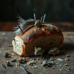 A thought-provoking and disturbing depiction of a loaf of bread on a textured wooden table, presenting various food safety hazards