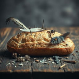 A thought-provoking and disturbing depiction of a loaf of bread on a textured wooden table, presenting various food safety hazards