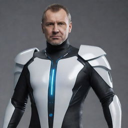 A futuristic representation of Arthur Korobkin in the year 2024, exhibiting contemporary styling and advanced technology around.