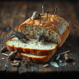 A thought-provoking and disturbing depiction of a loaf of bread on a textured wooden table, presenting various food safety hazards