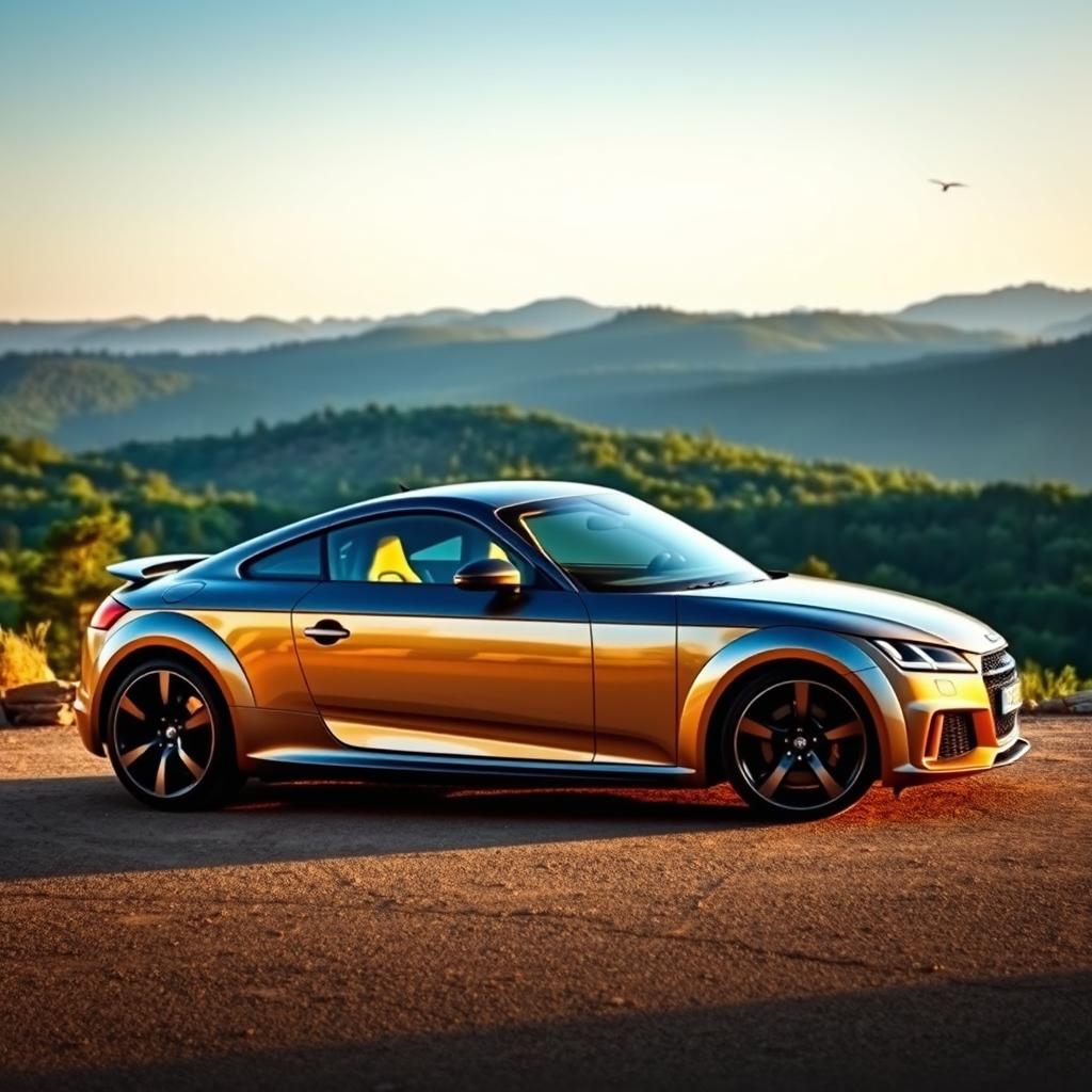 A sleek and stylish Audi TT sports car positioned against a breathtaking natural backdrop