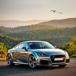 A sleek and stylish Audi TT sports car positioned against a breathtaking natural backdrop