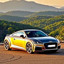 A sleek and stylish Audi TT sports car positioned against a breathtaking natural backdrop