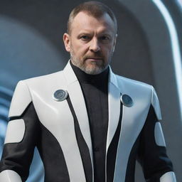 A futuristic representation of Arthur Korobkin in the year 2024, exhibiting contemporary styling and advanced technology around.