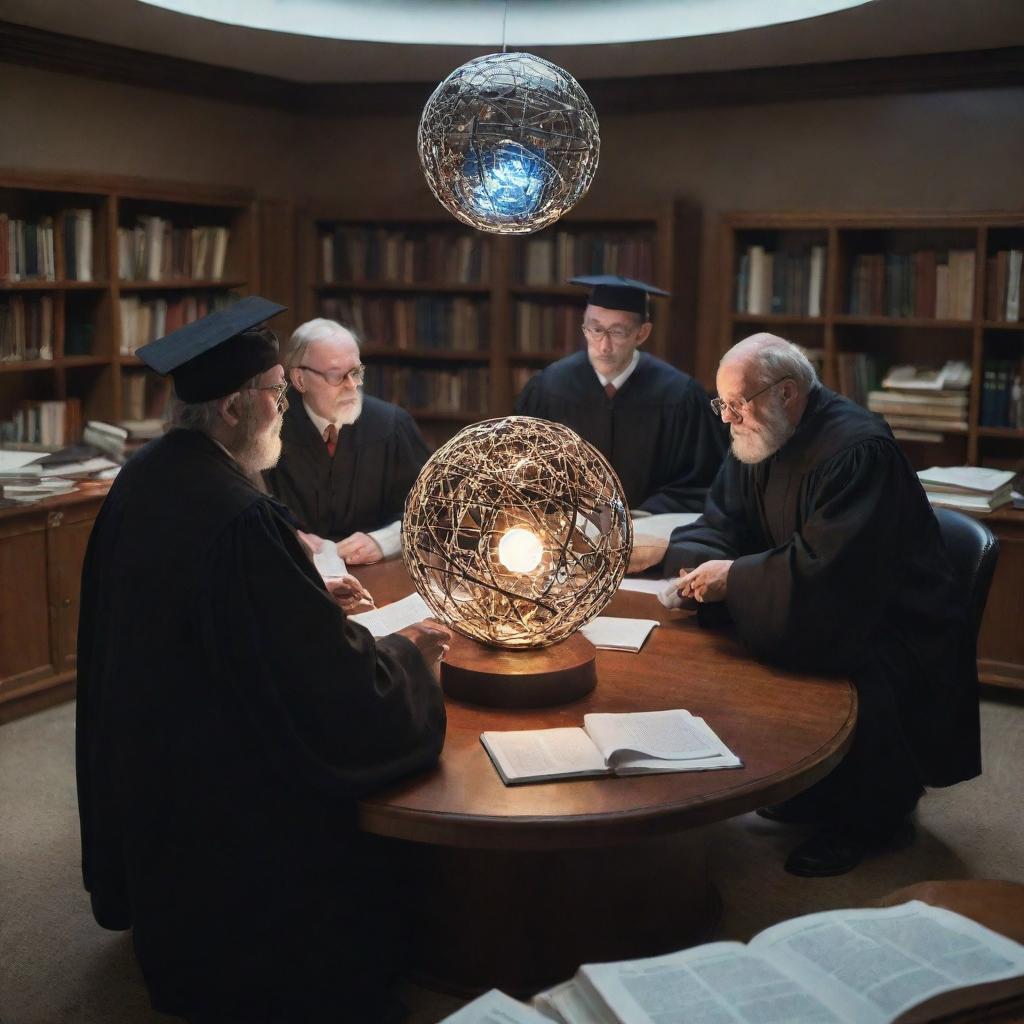 Three professors adorned in academic robes and caps, engrossed in a discussion at a cluttered table filled with scattered books and papers inside an office. In the center of their table, a glowing, futuristic metal orb throbs, despite its surroundings.