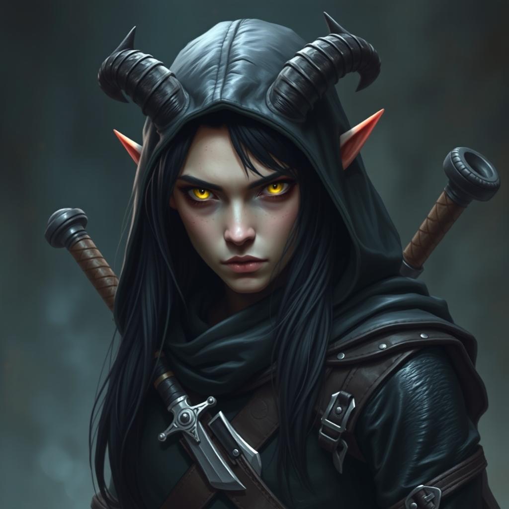 A Dungeons & Dragons tiefling character with cut horns, displaying piercing yellow eyes and long black hair