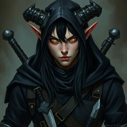 A Dungeons & Dragons tiefling character with cut horns, displaying piercing yellow eyes and long black hair