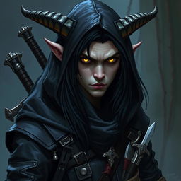 A Dungeons & Dragons tiefling character with cut horns, displaying piercing yellow eyes and long black hair