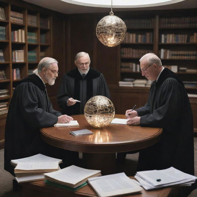 Three professors adorned in academic robes and caps, engrossed in a discussion at a cluttered table filled with scattered books and papers inside an office. In the center of their table, a glowing, futuristic metal orb throbs, despite its surroundings.