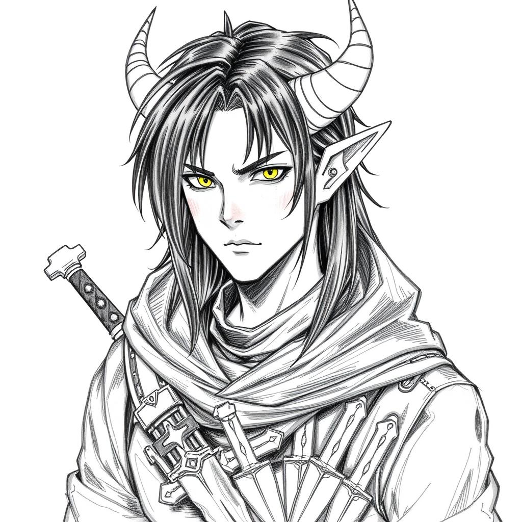 A Dungeons & Dragons male tiefling character with a more human-like appearance, featuring cut horns, striking yellow eyes, and long black hair