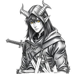 A Dungeons & Dragons male tiefling character with a more human-like appearance, featuring cut horns, striking yellow eyes, and long black hair