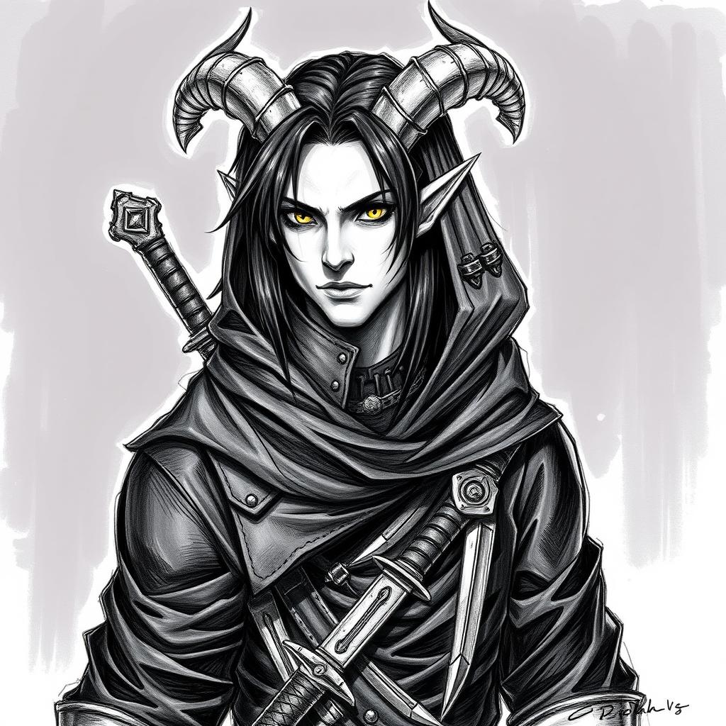 A Dungeons & Dragons male tiefling character with a more human-like appearance, featuring cut horns, striking yellow eyes, and long black hair