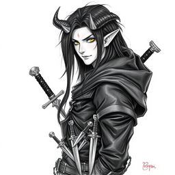 A Dungeons & Dragons male tiefling character with a more human-like appearance, featuring cut horns, striking yellow eyes, and long black hair