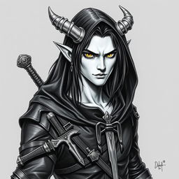 A Dungeons & Dragons male tiefling character with a more human-like appearance, featuring cut horns, striking yellow eyes, and long black hair