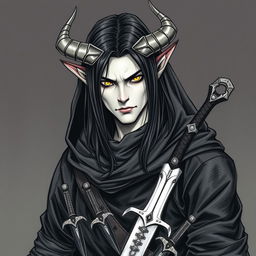 A Dungeons & Dragons male tiefling character with a more human-like appearance, featuring cut horns, striking yellow eyes, and long black hair