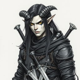 A Dungeons & Dragons male tiefling character with a more human-like appearance, featuring cut horns, striking yellow eyes, and long black hair