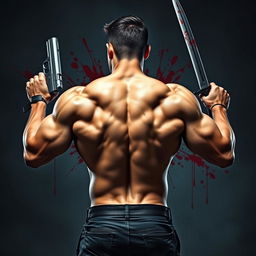 A muscular man posing with his back facing the viewer, showcasing defined muscles