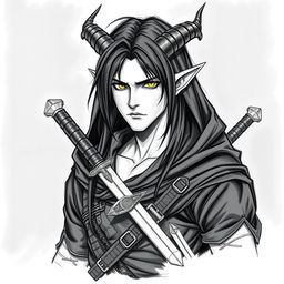 A Dungeons & Dragons male tiefling character with a more human-like appearance, featuring cut horns, striking yellow eyes, and long black hair