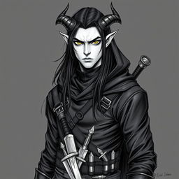 A Dungeons & Dragons male tiefling character with a more human-like appearance, featuring cut horns, striking yellow eyes, and long black hair