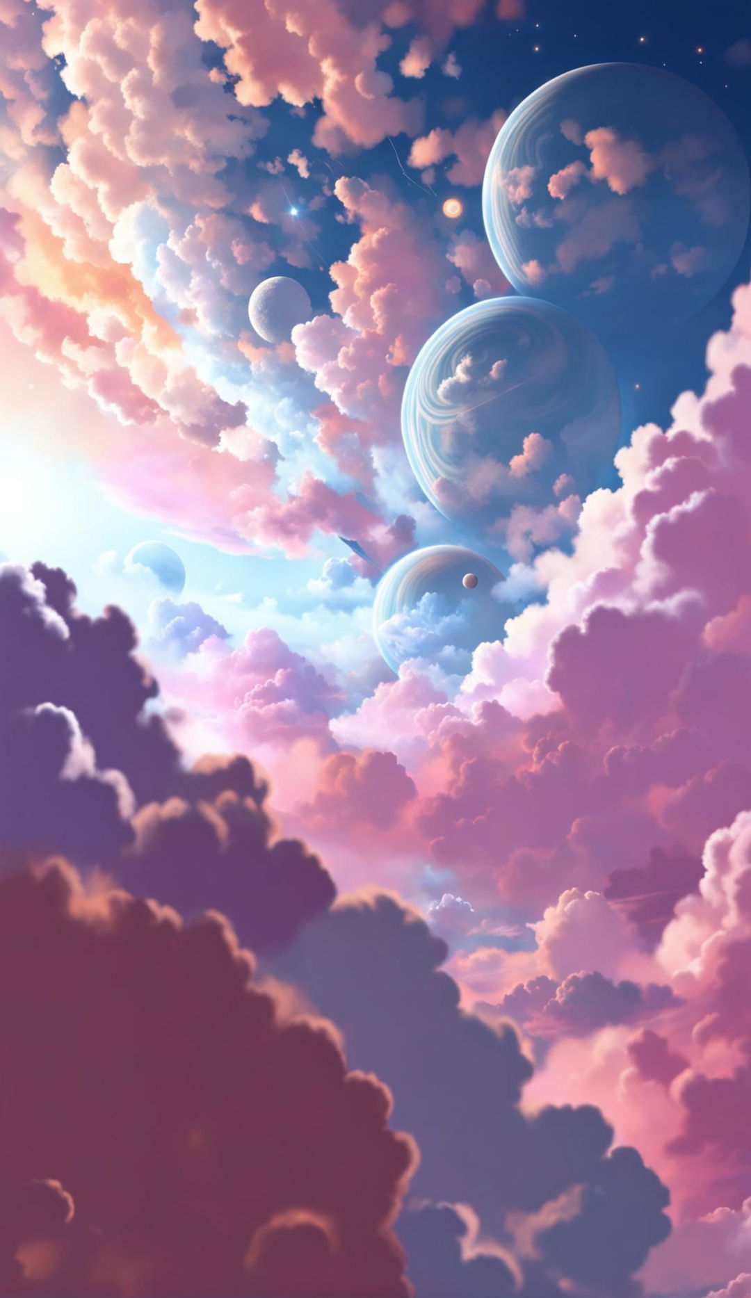 Hyper-realistic digital art of a fluffy cloud-filled sky at sunset on a summer day with detailed planets visible in the twilight zone, framed in a 16:9 aspect ratio.