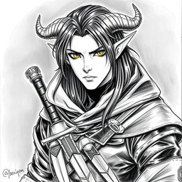 A Dungeons & Dragons male tiefling character with a more human-like appearance, featuring cut horns, striking yellow eyes, and long black hair